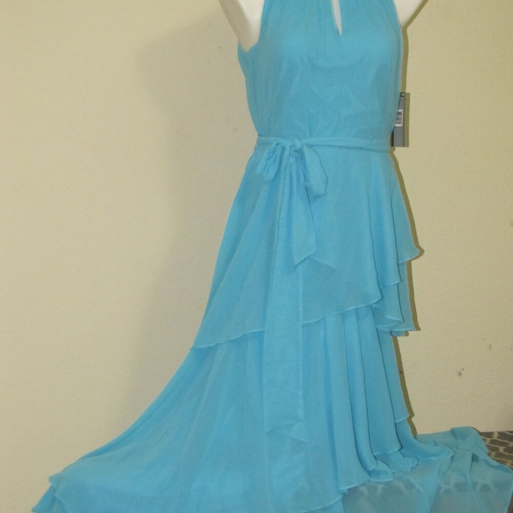 Light Blue Halter High-Low Chiffon Dress – Layered Ruffle Formal Gown with Waist